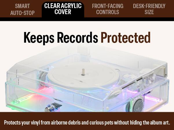 SMART CLEAR ACRYLIC FRONT-FACING DESK-FRIENDLY AUTO-STOP COVER CONTROLS SIZE

Keeps Records Protected

Protects your vinyl from airborne debris and curious pets without hiding the album art.