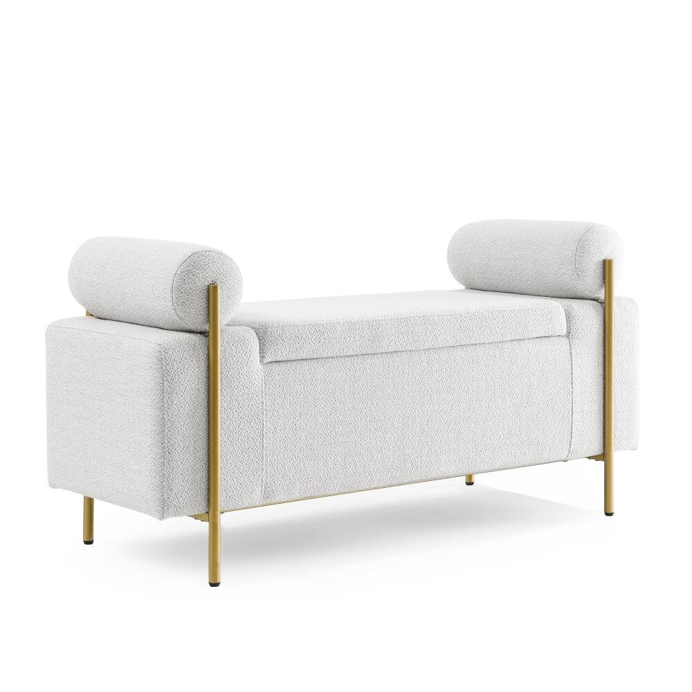 Alt View 3. Ropilly - Ropilly White Upholstered Linen Storage Bench with Gold Iron Legs & Cylindrical Arms for Bedroom Entryway Hallway - White.