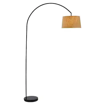 Front. Hivvago - Modern Arching Floor Lamp in Matte Black with Taupe Burlap Fabric Drum Shade - Matte Black.