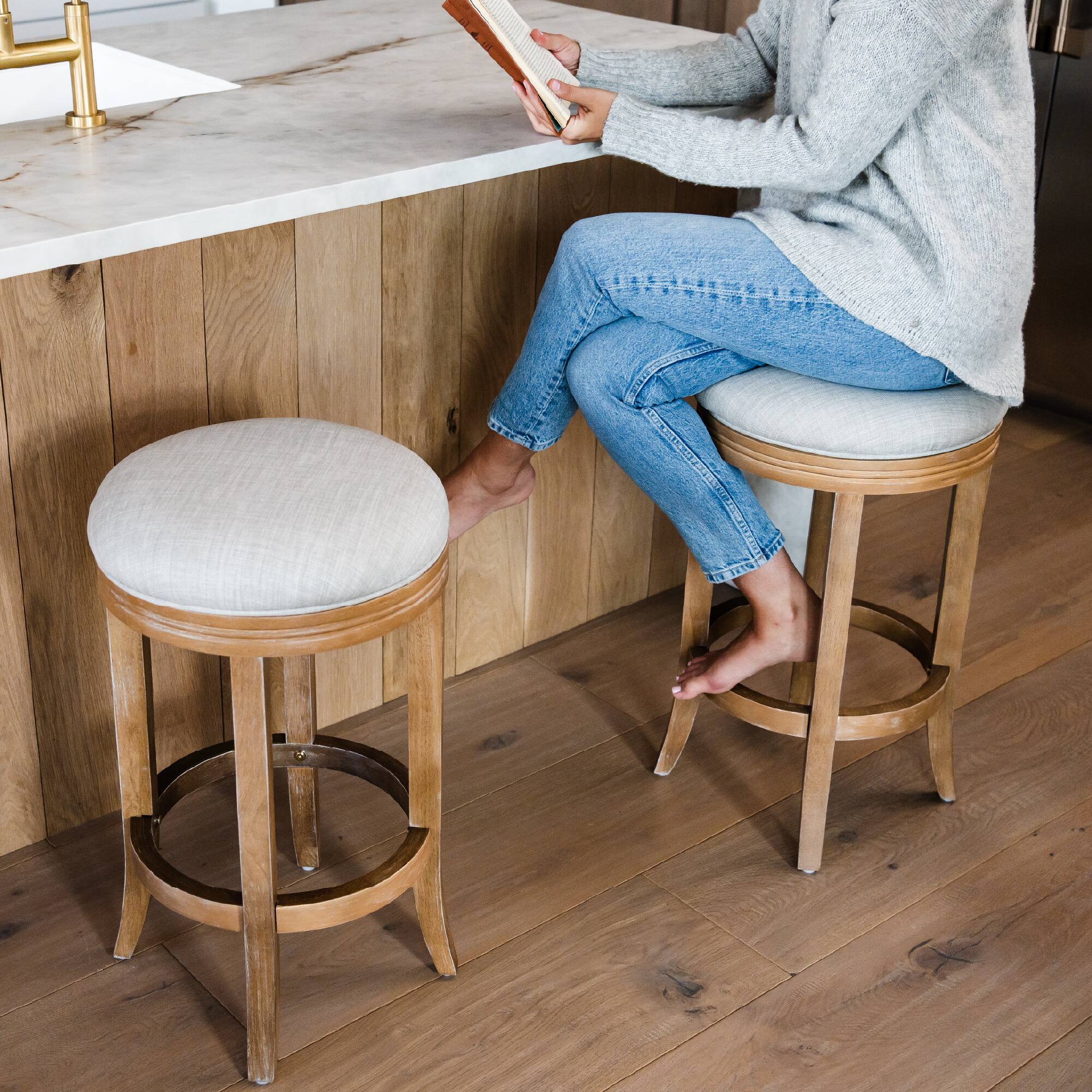 Left. Maven Lane - 26" Eva Counter Stool in Weathered Oak Finish with Fabric Upholstery - Weathered Oak.