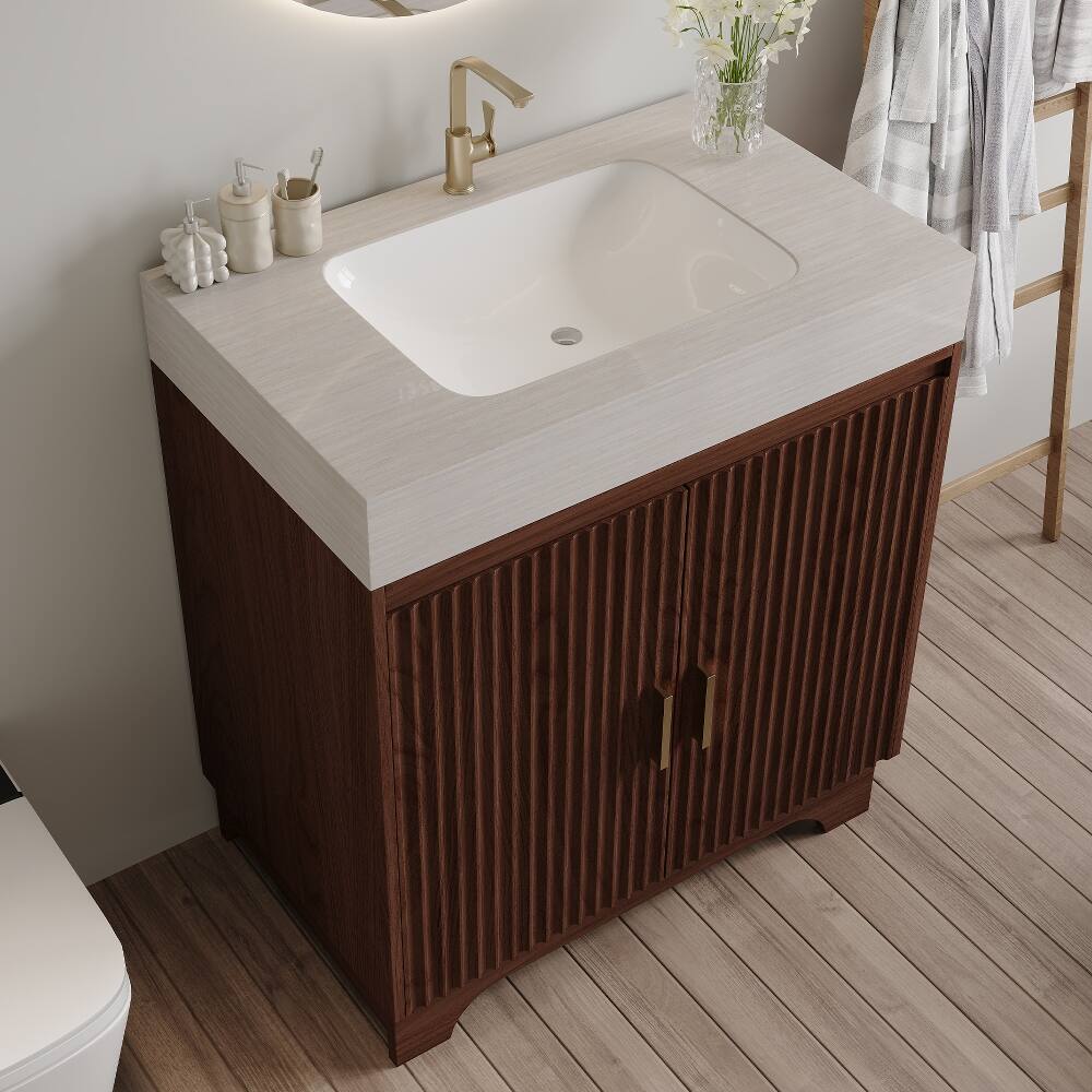 Alt View 1. Loheer - Loheer 30 inch freestanding bathroom vanity with seamless ceramic sink and sintered stone countertop - Brown, Stone Gray.