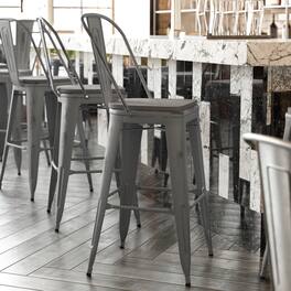 Emma + Oliver - Grant Clear Coated Metal Stool with Backrest and Polyresin Seat for Indoor Use Only - Gray Seat/Clear Coated Frame