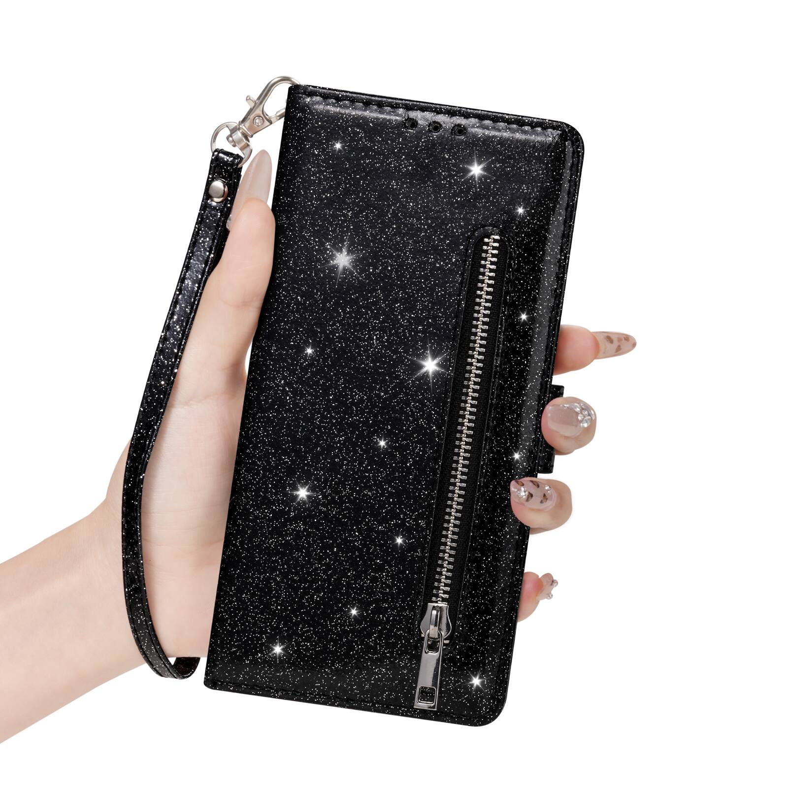 Alt View 2. Dteck - Glitter Zipper Wallet Case for Samsung Galaxy S25 Card Holder Wrist Strap Shockproof PU Leather Cover - Black.