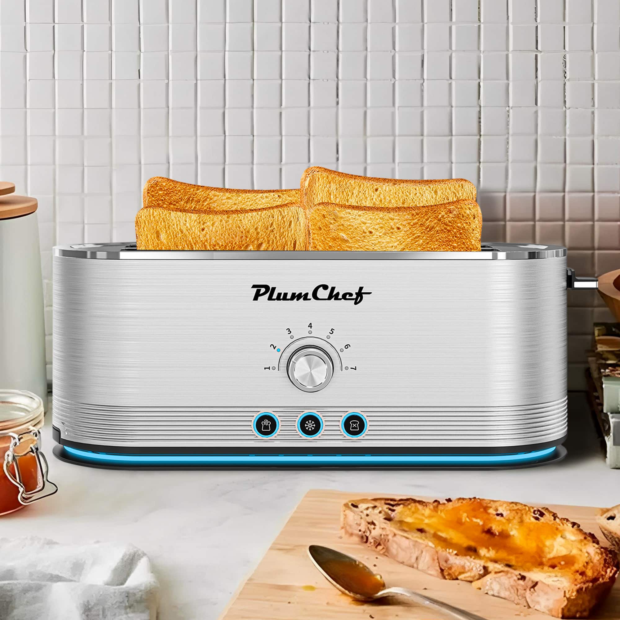 Akoasm - 4-Slice Toaster with 7 Browning Settings, Stainless Steel, Defrost/Reheat – 1350W, Removable Crumb Tray - Silver