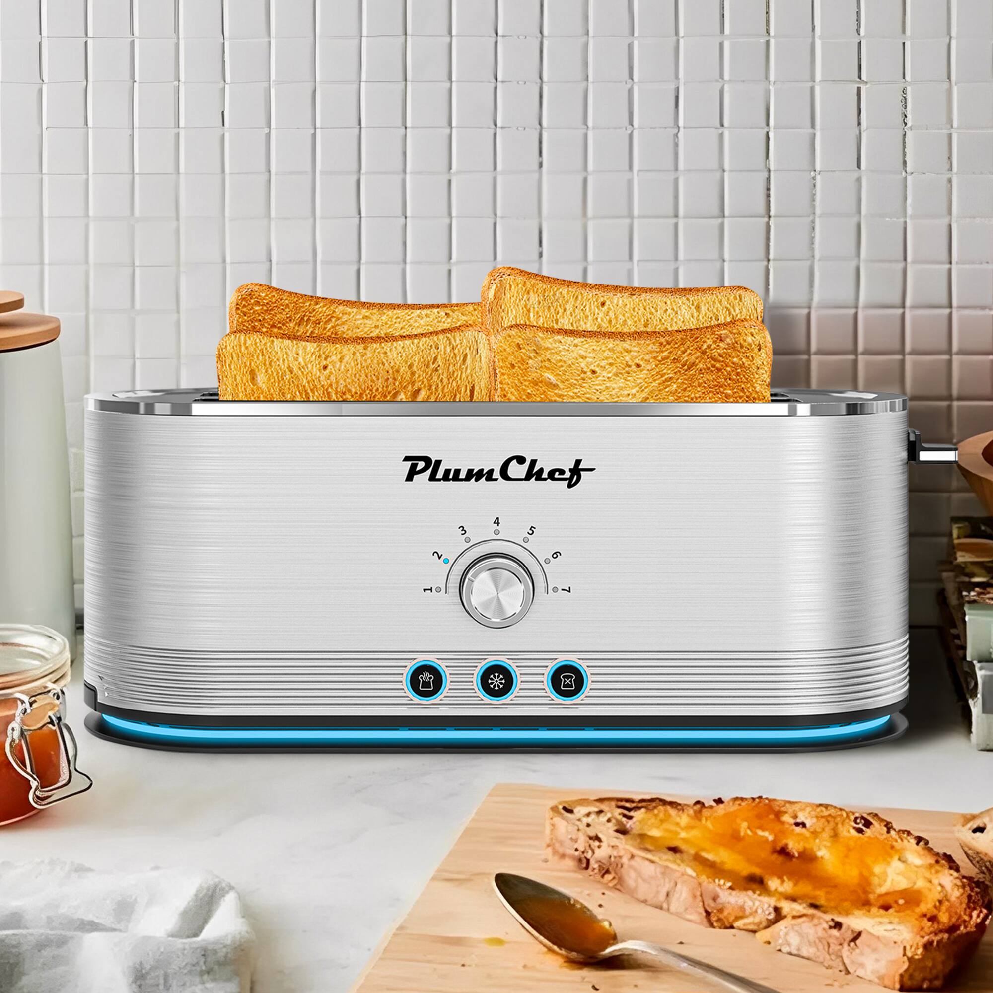 Front. Akoasm - 4-Slice Toaster with 7 Browning Settings, Stainless Steel, Defrost/Reheat – 1350W, Removable Crumb Tray - Silver.