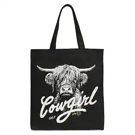 OrnamentallyYou - Highland Cow Vintage Cowgirl Canvas Tote Bag, Western Country Gift Shopper For Women - Black