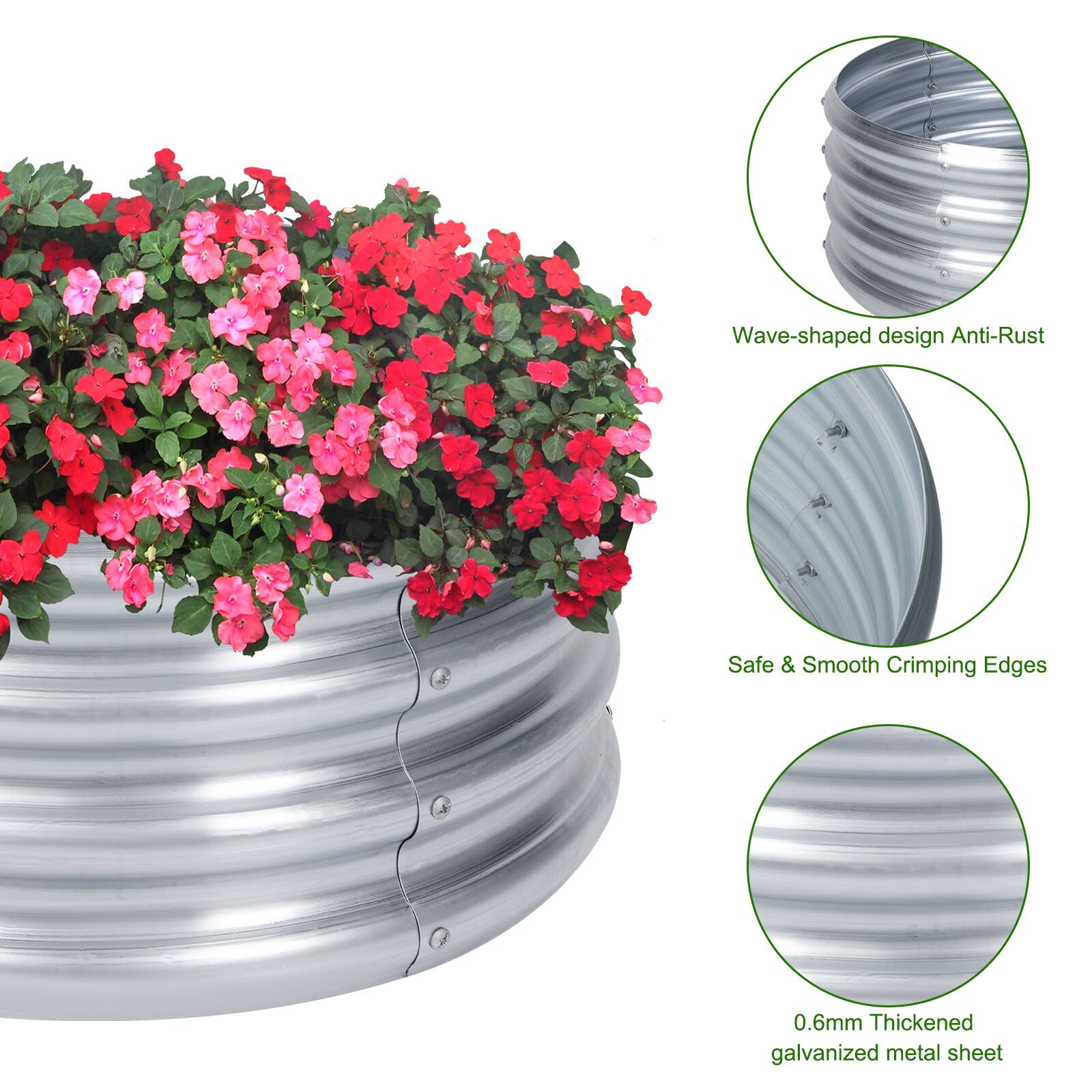 Wave-shaped design Anti-Rust  
Safe & Smooth Crimping Edges  
0.6mm Thickened galvanized metal sheet