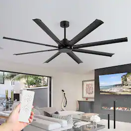Breezary - 72-In Large Ceiling Fan with 8 Aluminum Blades, DC Motor, 6-Speed Remote with Timer, 2 Downrods, Light/No Light Option - Black (Without Light)