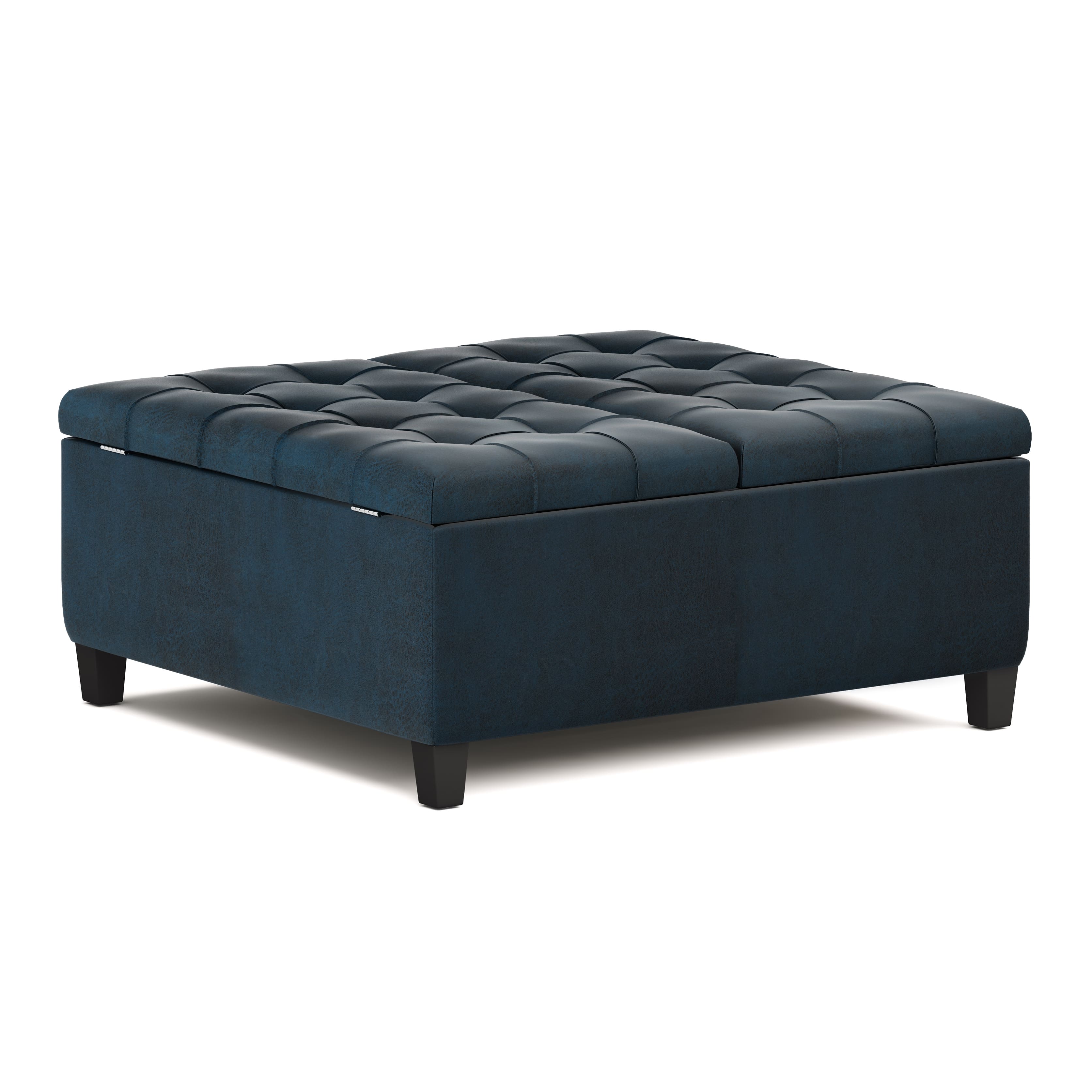 Front. Simpli Home - Harrison 36 inch Wide Transitional Square Coffee Table Storage Ottoman in Distressed Dark Blue Faux Leather - Distressed Dark Blue.