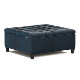 Simpli Home - Harrison 36 inch Wide Transitional Square Coffee Table Storage Ottoman Faux Leather - Distressed Dark Blue