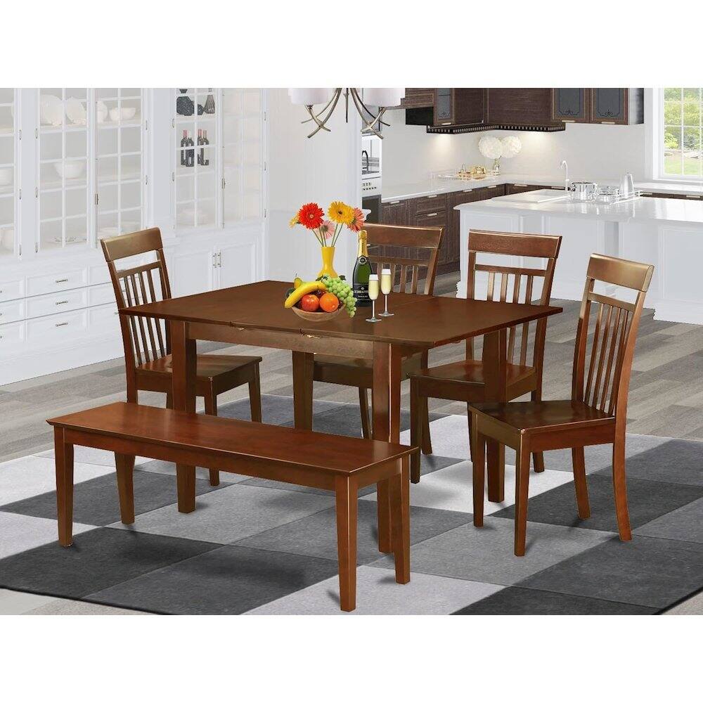 Angle. East West Furniture - 6-Pc Dining room set with bench -Tables with 4 Dining Chairs and Bench - Mahogany.