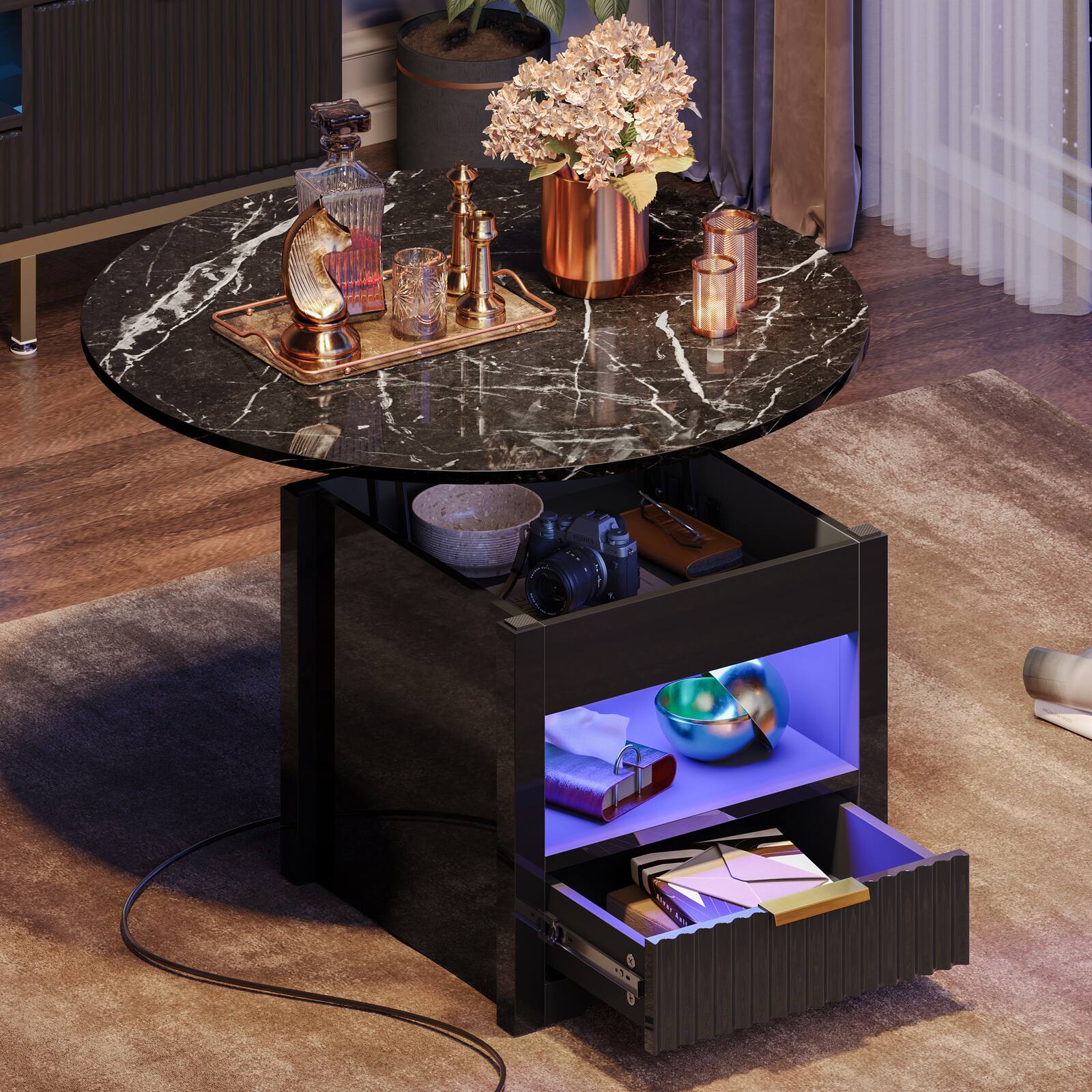 Alt View 11. Bestier - Bestier 31inch LED Lift Top Coffee Table Round Coffee Table with Storage with Drawer - Black.