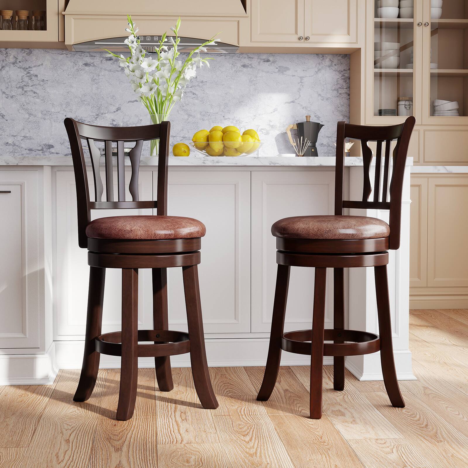 Alt View 1. Gymax - Gymax 26'' Counter Height Swivel Bar Stools Set of 4 w/Back & Faux Leather Seat - Brown.