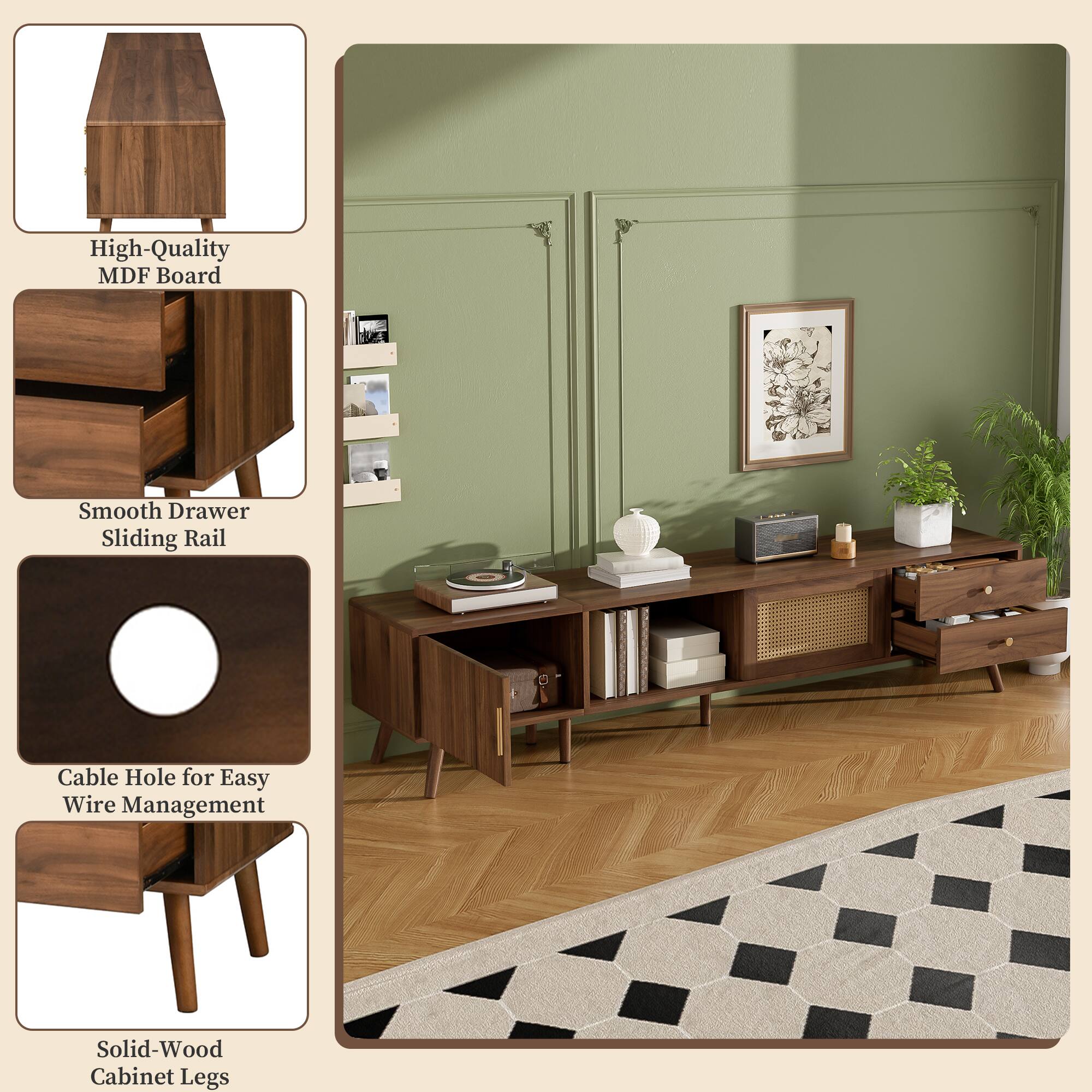 High-Quality MDF Board  
Smooth Drawer Sliding Rail  
Cable Hole for Easy Wire Management  
Solid-Wood Cabinet Legs