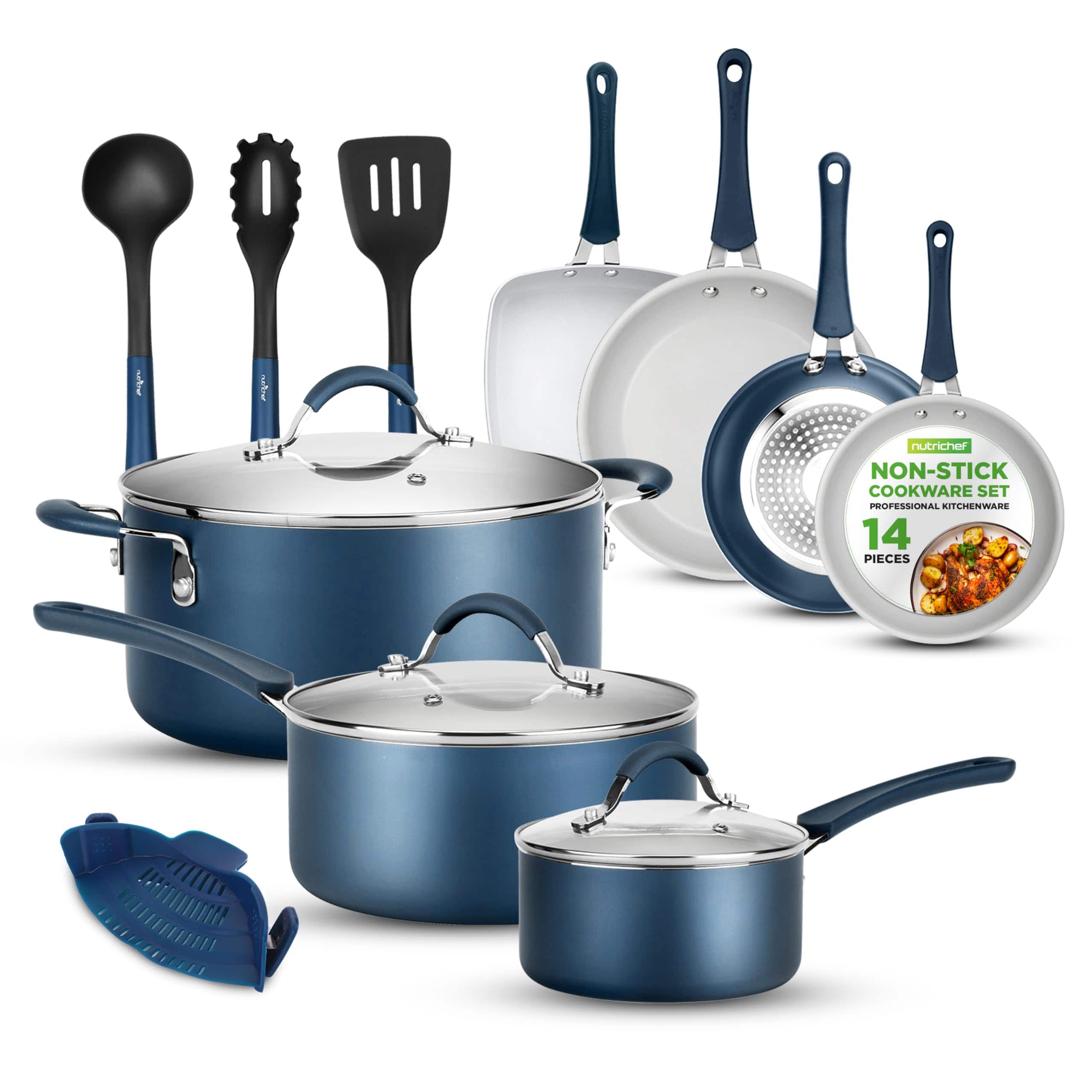 NutriChef - 14-Piece Navy Blue Cookware Set