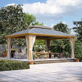 U-HOMY - Waterproof Aluminum Hardtop Gazebo with Netting & Curtains for Patio and Garden, Dark Grey - 12' x 16'