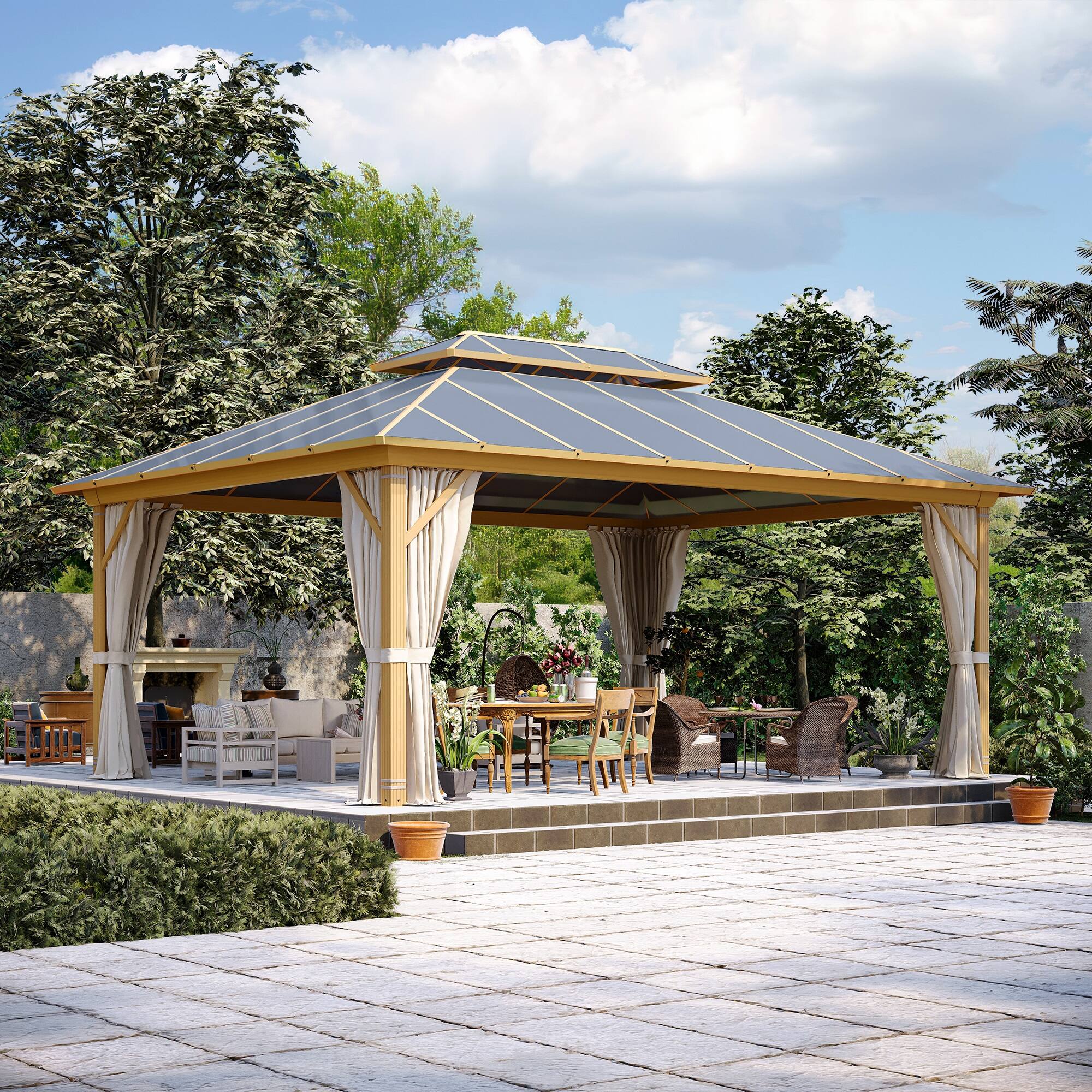 Left. U-HOMY - Waterproof Aluminum Hardtop Gazebo with Netting & Curtains for Patio and Garden, Dark Grey - 12' x 16'.