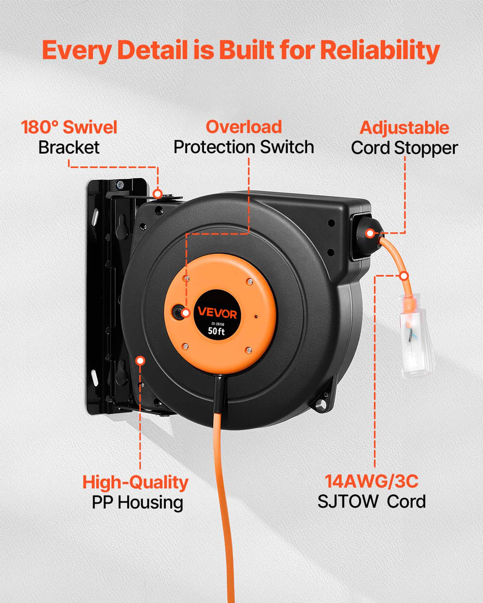 Every Detail is Built for Reliability

180° Swivel Bracket
Overload Protection Switch
Adjustable Cord Stopper
VEVOR 21-201500 50ft
High-Quality PP Housing
14AWG/3C SJTOW Cord