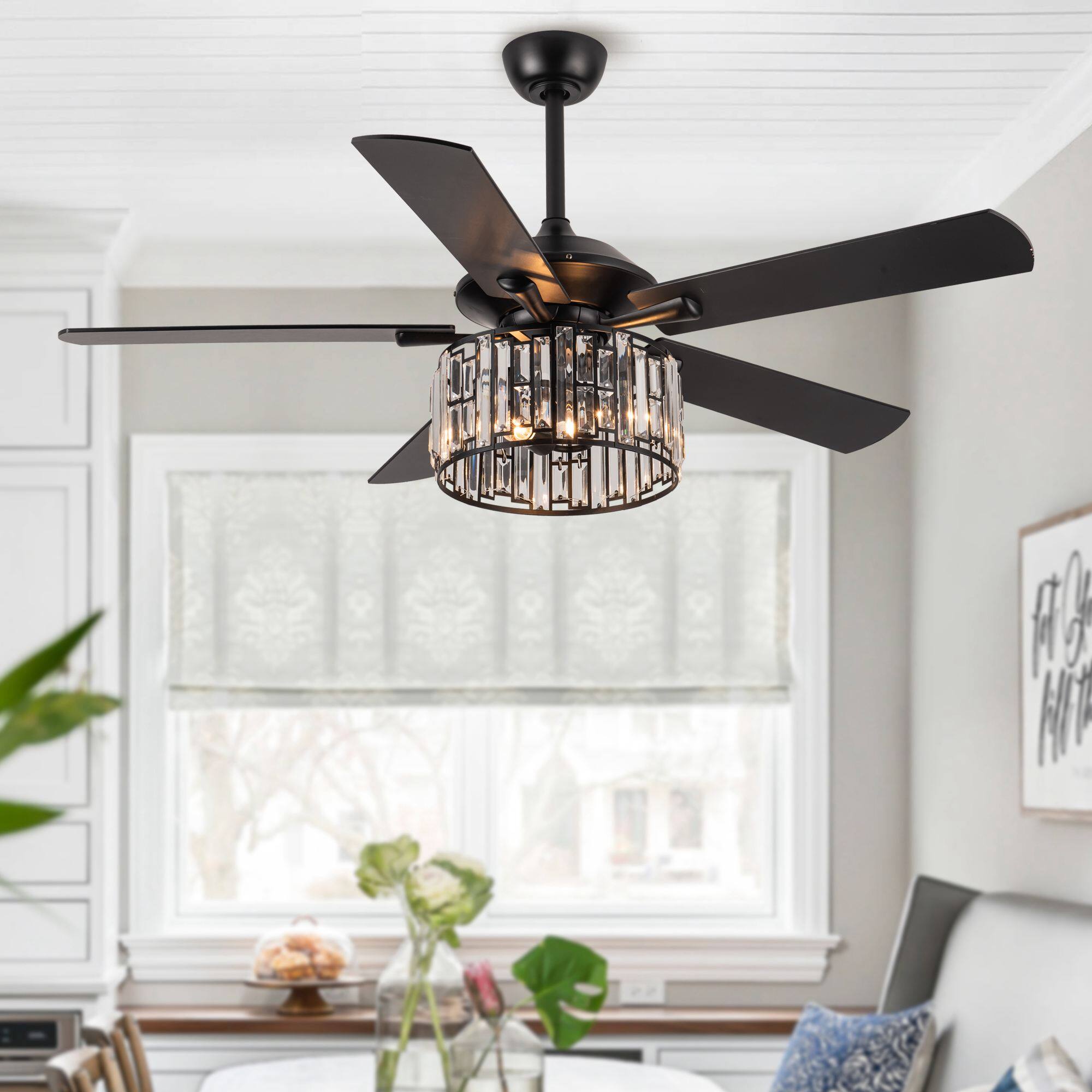 Angle. Parrot Uncle - 52"Modern Crystal Chandelier Ceiling Fan with Light and Remote - Matte Black.