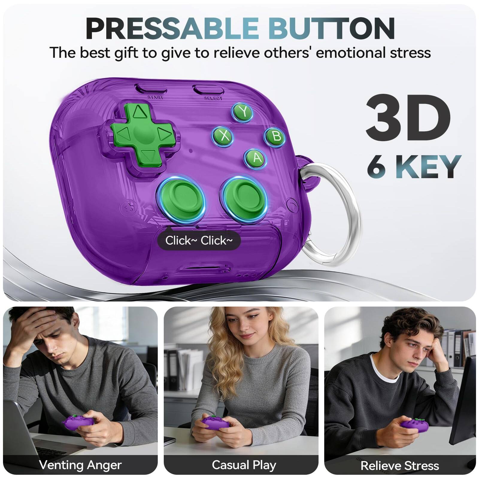 PRESSABLE BUTTON  
The best gift to give to relieve others' emotional stress  

3D 6 KEY  

Click* Click*  

Venting Anger  
Casual Play  
Relieve Stress