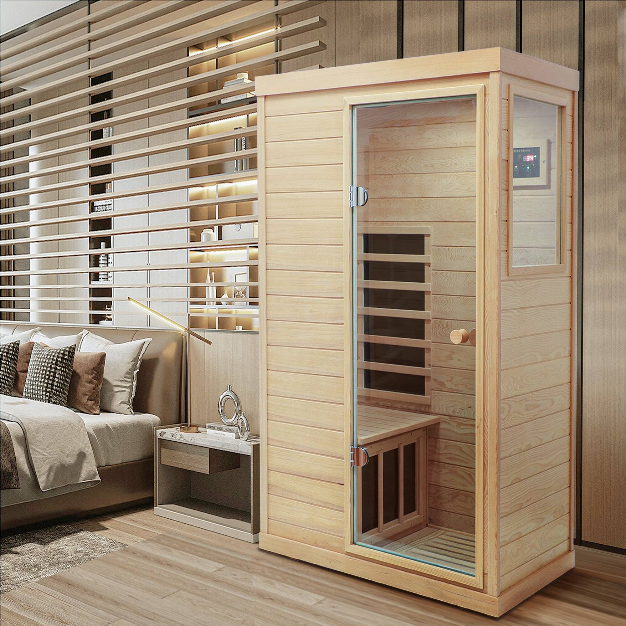 Alt View 2. Boyel Living - One Person Indoor Hemlock Infrared Sauna Room with Right Side Glass Door - Natural.