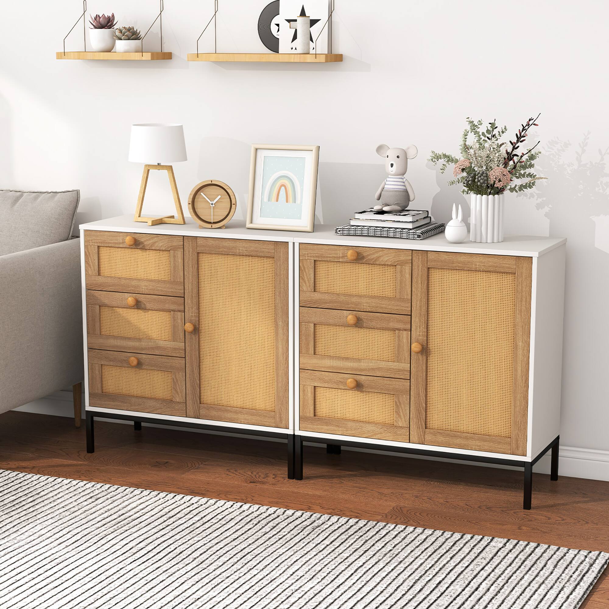 Alt View 1. Gymax - Gymax Set of 2 Rattan Sideboard Buffet Cabinet Accent Cabinet w/ 1 Door & 3 Drawers - White, Natural, Black.