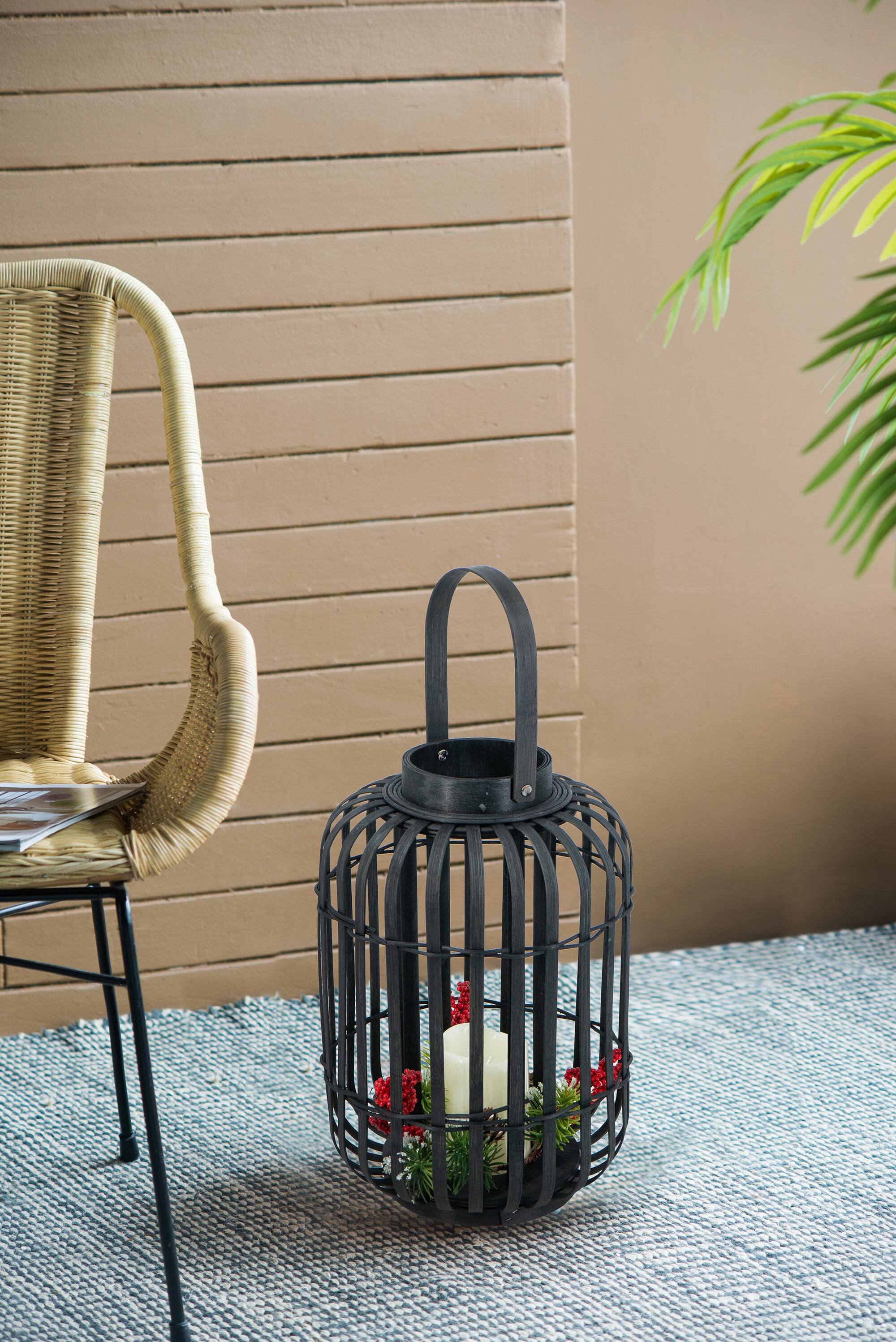 Alt View 3. Boyel Living - Black Bamboo Lantern with White LED Candle.