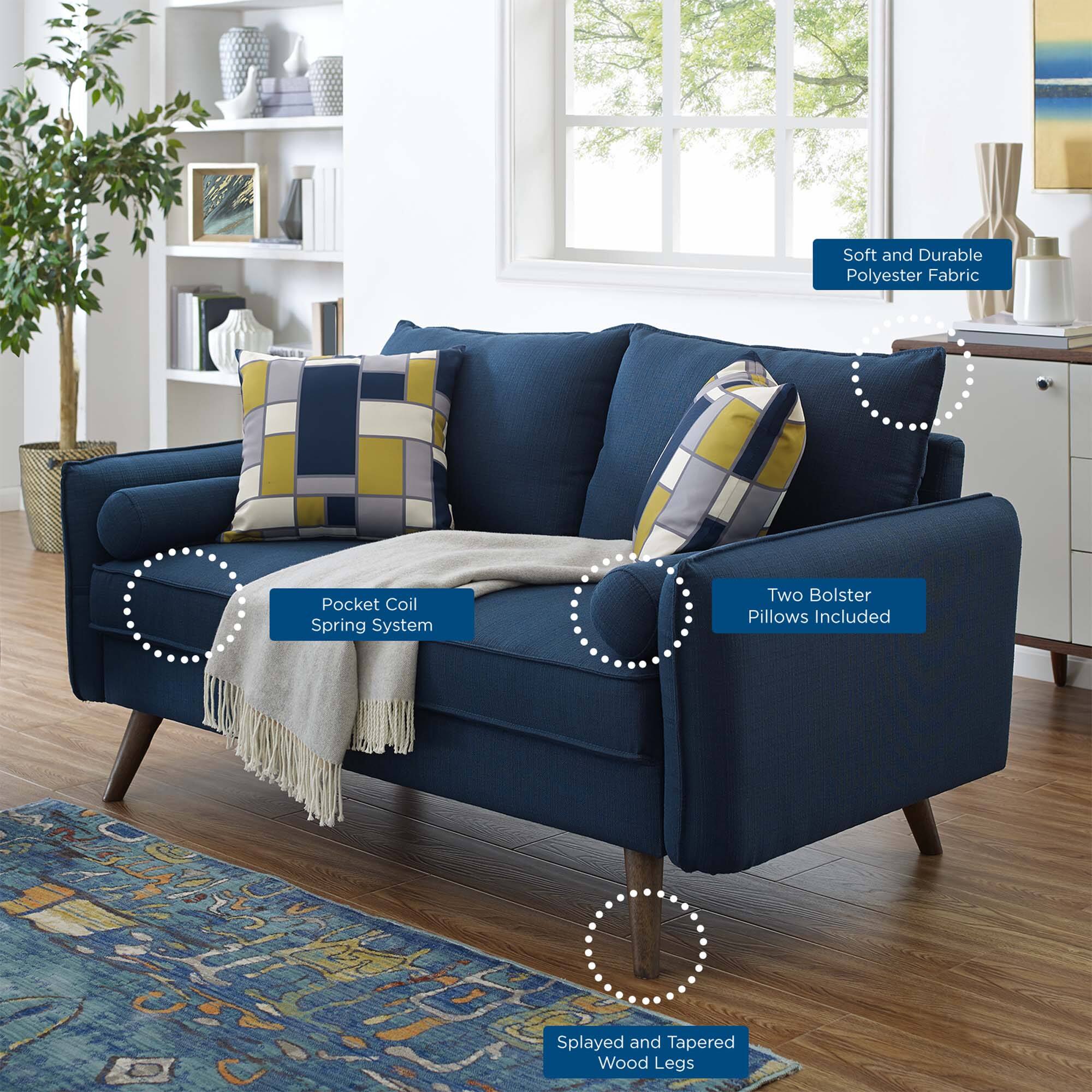 - Soft and Durable Polyester Fabric
- Pocket Coil Spring System
- Two Bolster Pillows Included
- Splayed and Tapered Wood Legs