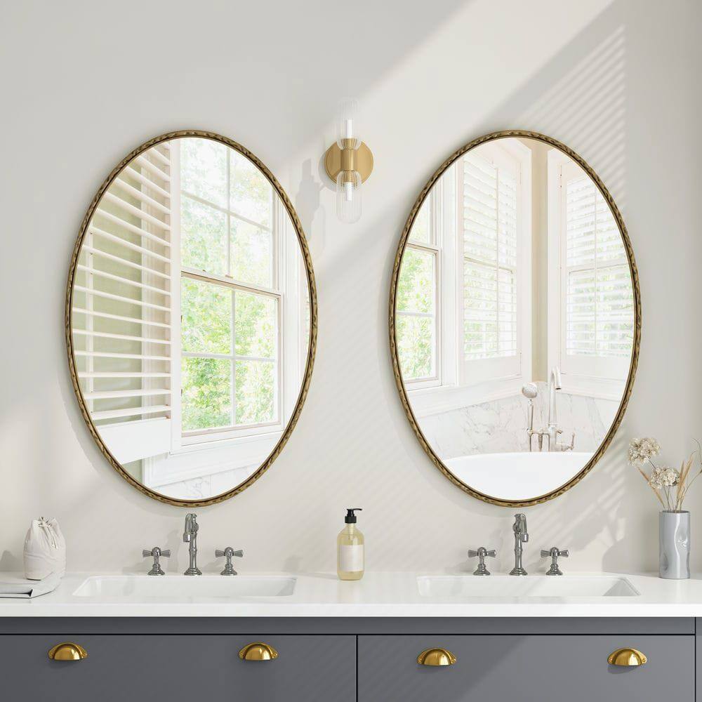 Back. Kadyn - Iron Art Oval Retro Mirror with Antique Effect, Elegant Wall Hanging Mirror for Bathroom/Bedroom, Gold.