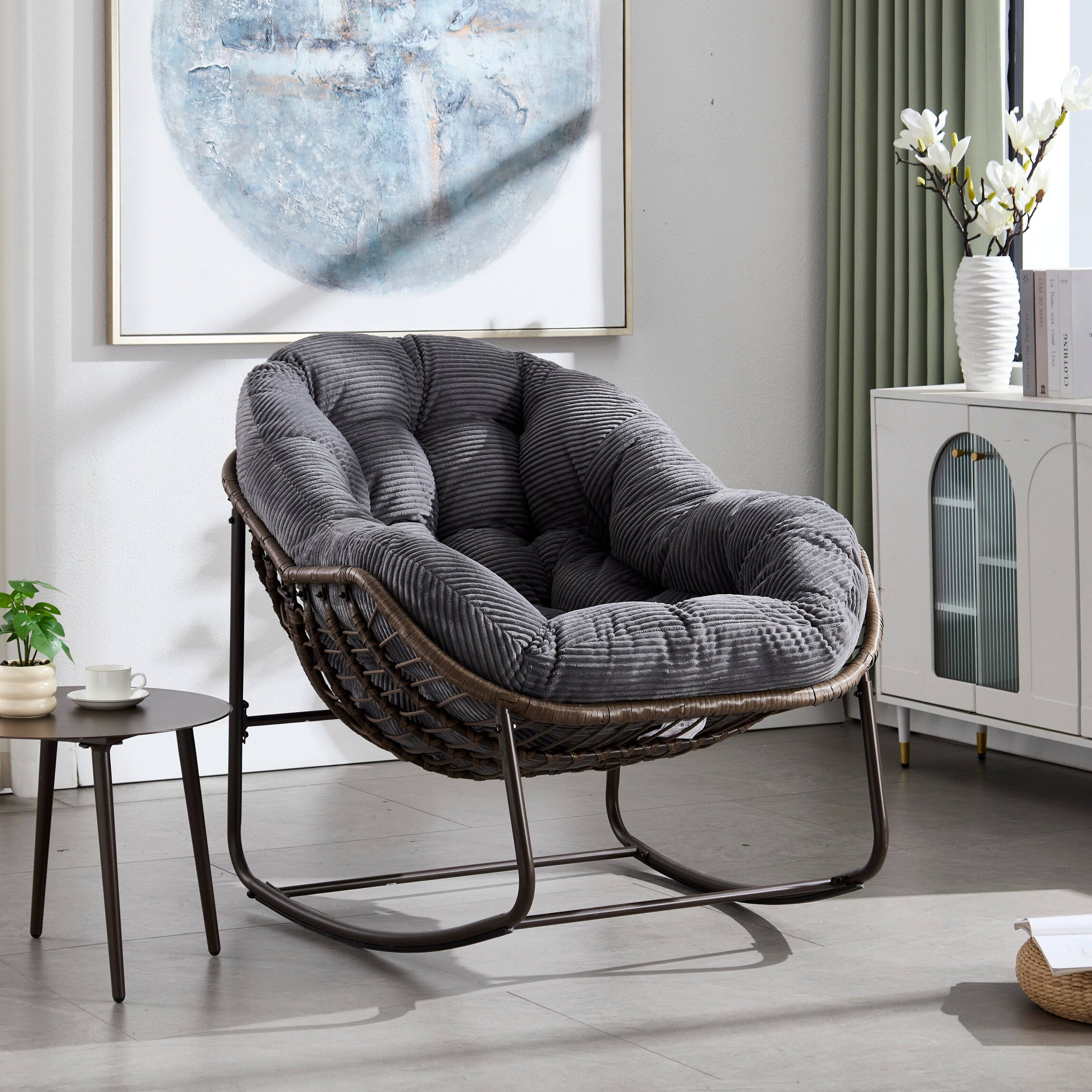 Angle. Whisen - Oversized 1-Piece Rattan Rocking Chair, Outdoor Patio Rocker with Thick Padded Cushion & Sturdy Steel Frame - Gray.