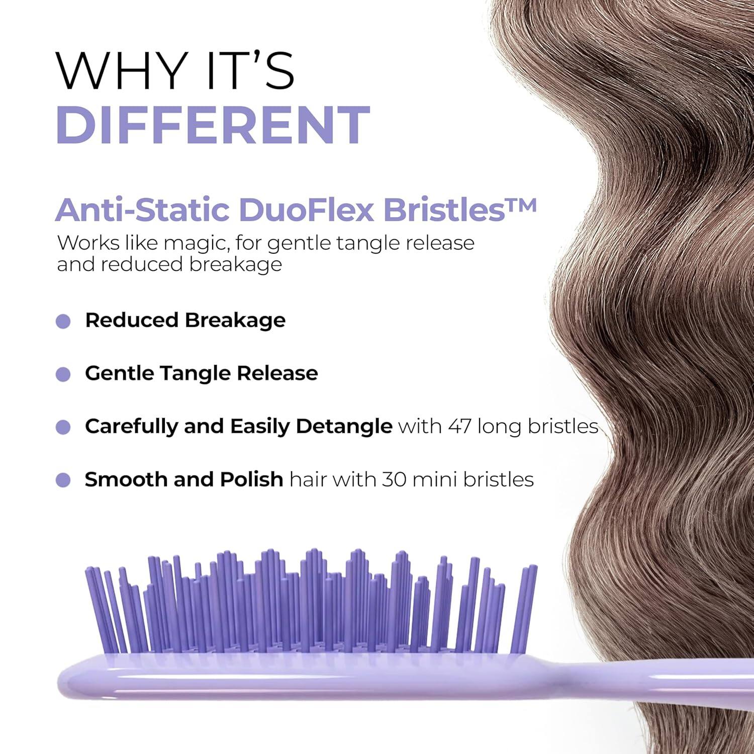WHY IT'S DIFFERENT

Anti-Static DuoFlex Bristles™  
Works like magic, for gentle tangle release and reduced breakage

- Reduced Breakage
- Gentle Tangle Release
- Carefully and Easily Detangle with 47 long bristles
- Smooth and Polish hair with 30 mini bristles