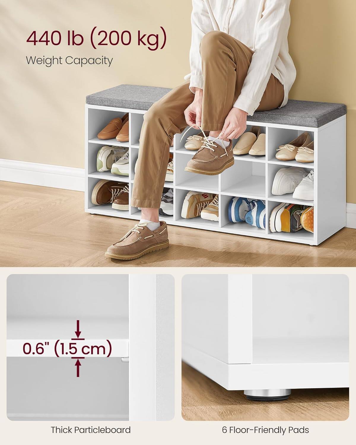 440 lb (200 kg) Weight Capacity  
0.6" (1.5 cm) Thick Particleboard  
6 Floor-Friendly Pads