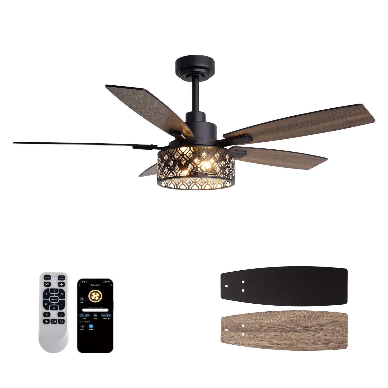 Alt View 9. Siljoy - 52-inch Modern Matte Black Crystal Ceiling Fan Light Remote APP Control Suitable for Bedroom Living Room - Matte Black.