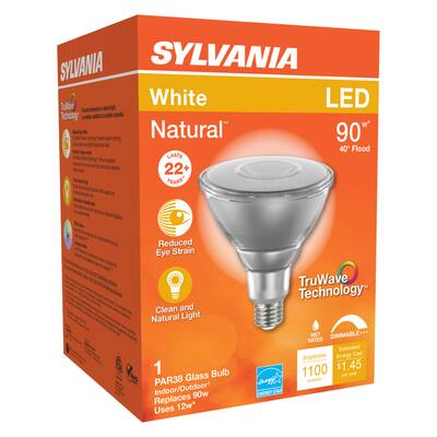 SYLVANIA
White Natural LED
90° Flood
40°
TruWave Technology
LASTS 22+ YEARS
Reduced Eye Strain
Clean and Natural Light
WET DIMMABLE
ENERGY STAR
1 PAR38 Glass Bulb
Indoor/Outdoor
Replaces 90w
Uses 12w*
Brightness 1100 lumens
Estimated Energy Cost $1.45 per year