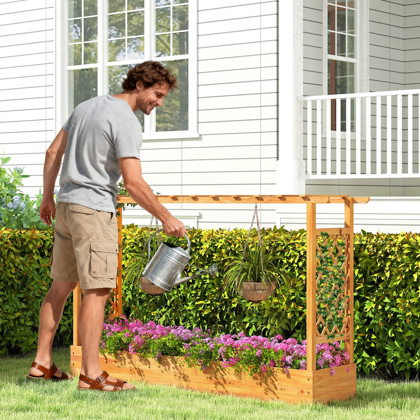 Alt View 3. Costway - Costway 1 PCS 45" Raised Garden Bed with Trellis with Hanging Roof, 2 Side Trellises for Flower - Natural.