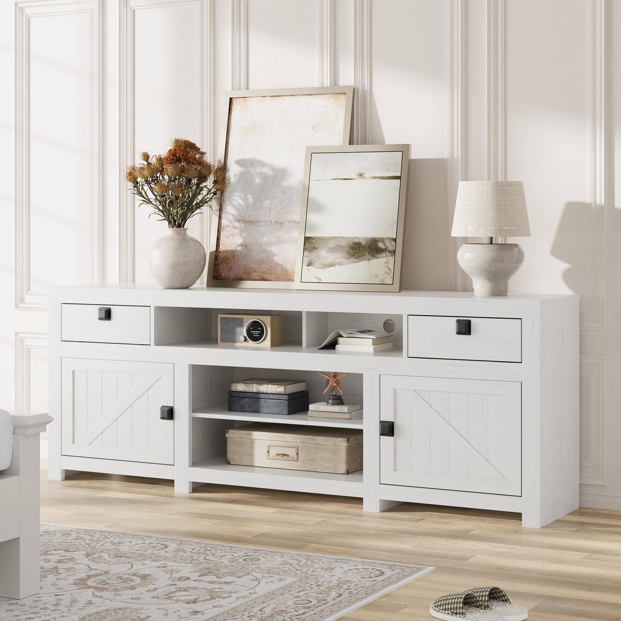 Alt View 4. Jojoka - 70 Inch Farmhouse TV Stand for 80 Inch TV, Long Entertainment Center with 4 Cabinets & 3 Open Shelves - White.