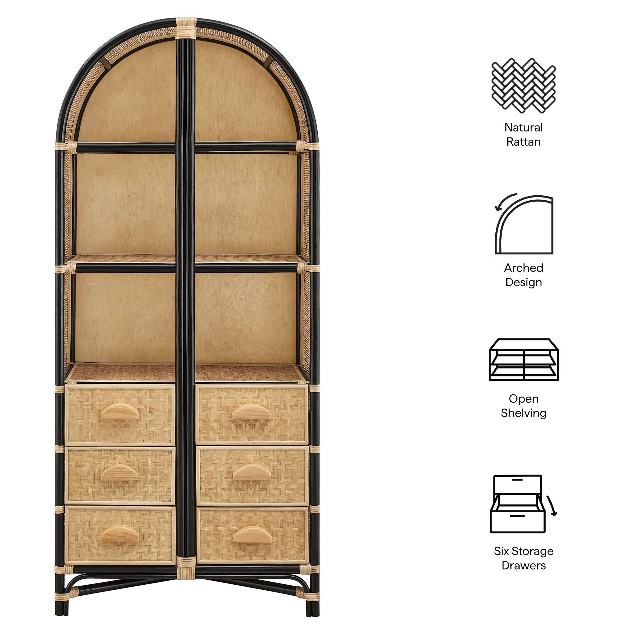 Natural Rattan Arched Design Open Shelving Six Storage Drawers
