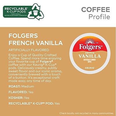 **COFFEE Profile**

**Folgers French Vanilla**  
Artificially Flavored

Enjoy a cup of quality crafted coffee. Spend more time enjoying your favorite cup of Folgers coffee with our Keurig K-Cup pods. Deliciously creamy, subtly sweet flavor and our iconic aroma, conveniently brewed with a touch of a button. It's exceptional craft made easy, any time of day.

- **Roast:** Medium
- **Flavored:** Yes
- **Vanilla:** Yes
- **Kosher:** Yes
- **Recyclable* K-Cup Pod:** Yes

*Check locally, not recycled in many communities.

**Recyclable K-Cup Pods**  
Not Recyclable in Many Communities