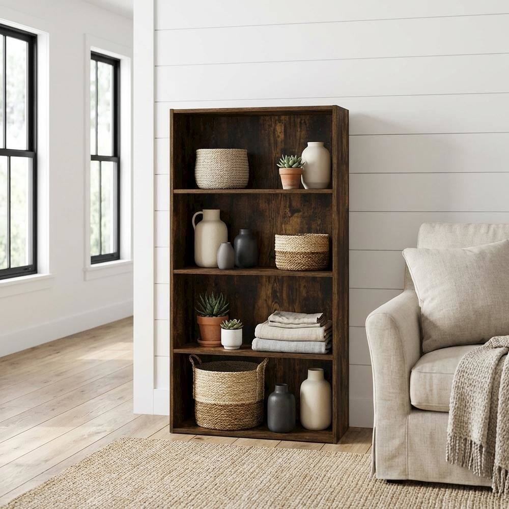 Angle. FurniFact - Wood Bookcase with Open Shelving for Living Room Storage - Amber Pine.