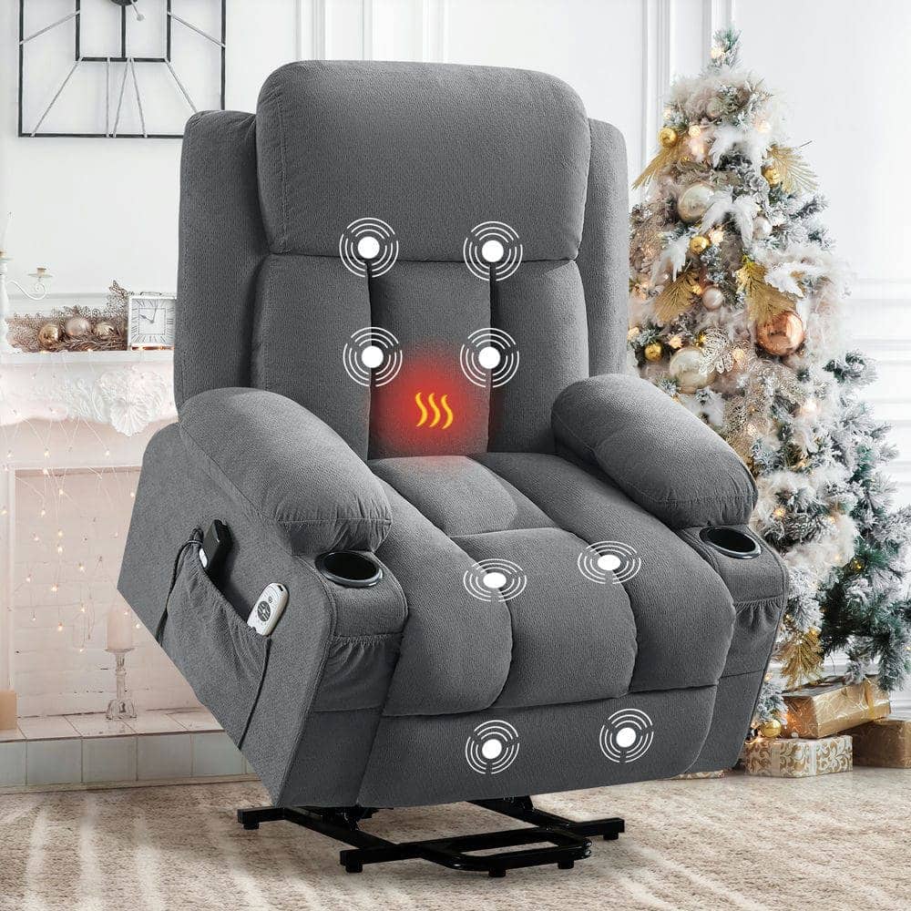 Kadyn - Power Lift Recliner with Heat & Massage, Electric Fabric Recliner with Side Pocket & USB Port - Gray
