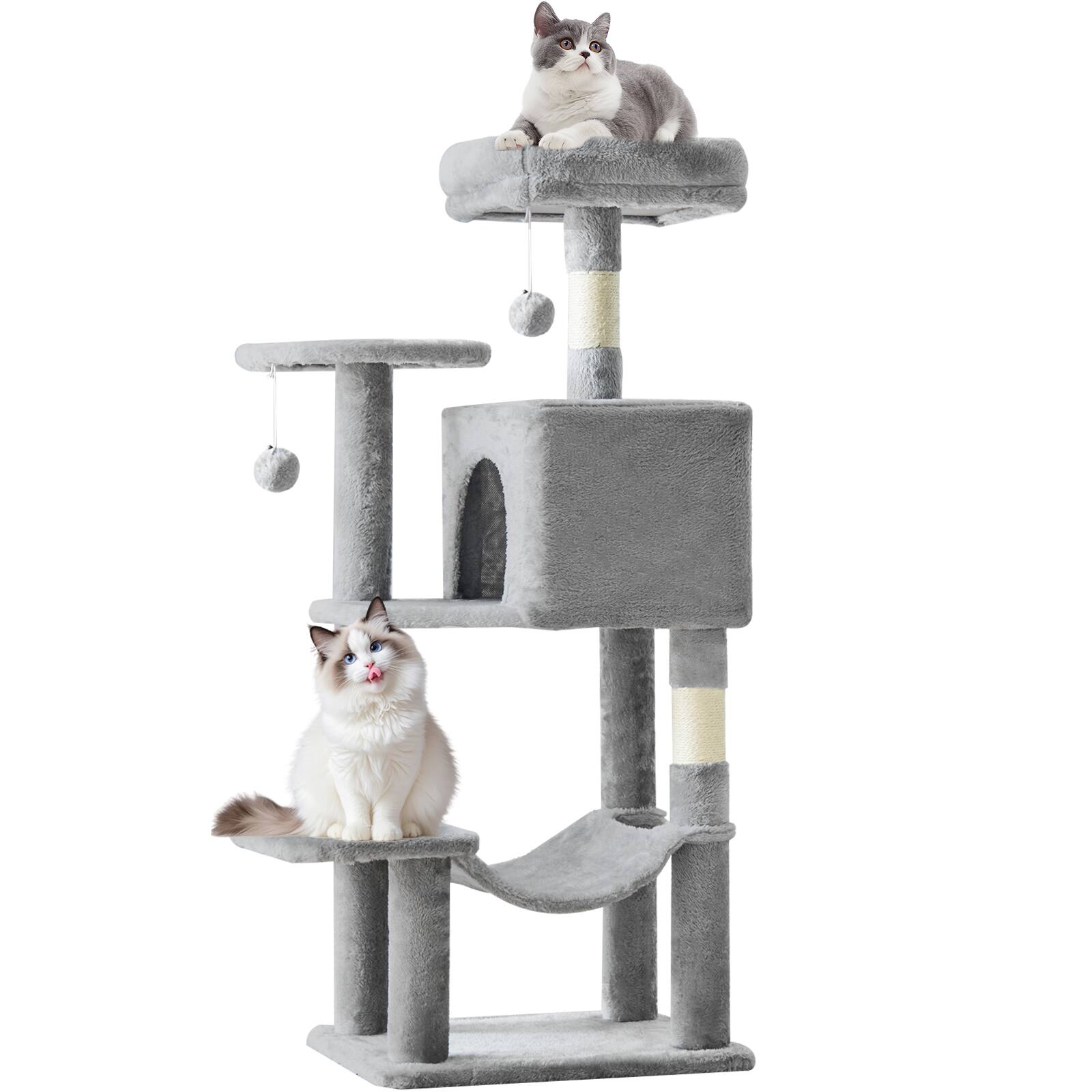 Angle. AENKYO - 44" Cat Tree Tower Multi-Cat Climbing Tower with Natural Sisal Scratching Posts, Extended Platform - Light Gray.