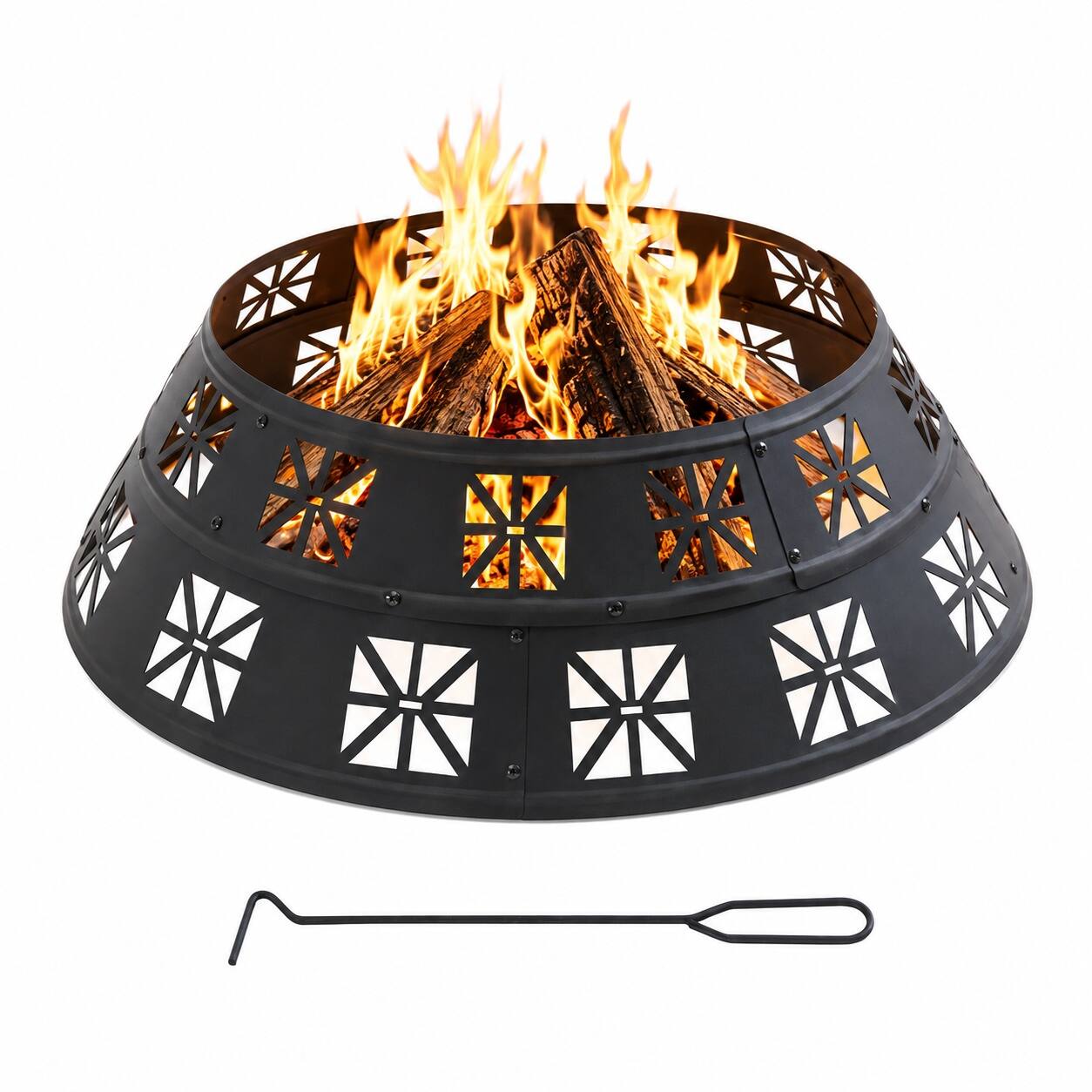 Front. SUNJOY - 36" Outdoor Fire Pit Ring, 0.8 mm Heavy‑Duty Powder‑Coated Steel Liner, Decorative Cutouts for Backyard Bonfire - Black.