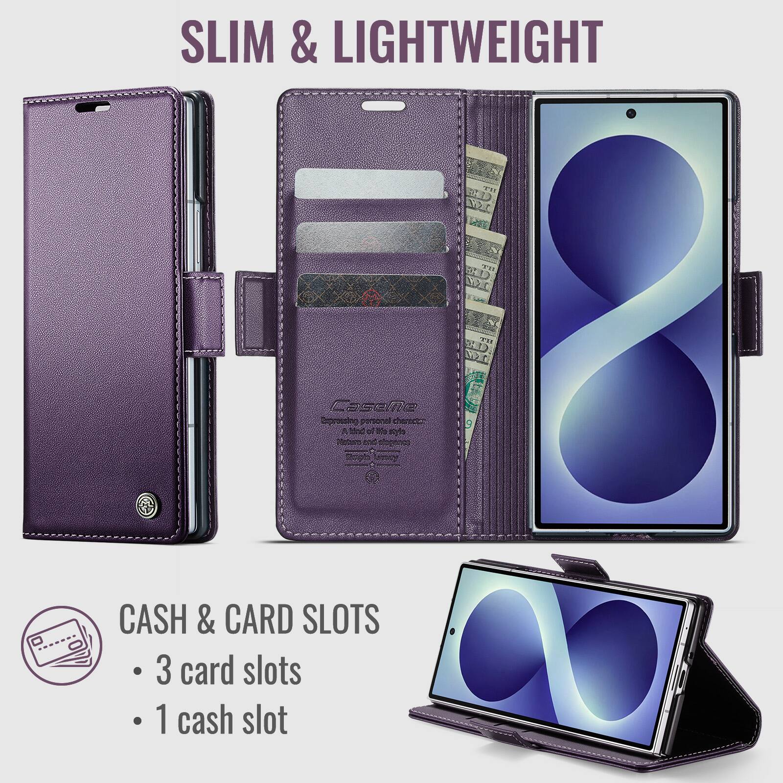 SLIM & LIGHTWEIGHT

IT
TH
Caseine Expressing personal character Wind of life style Nature and conogole
CASH & CARD SLOTS
- 3 card slots
- 1 cash slot