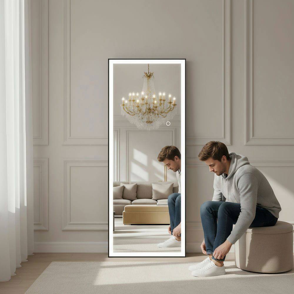 Alt View 4. Kadyn - 65x22 Inch Tall Rectangle LED Wall Mirror with Black Metal Frame - Black.