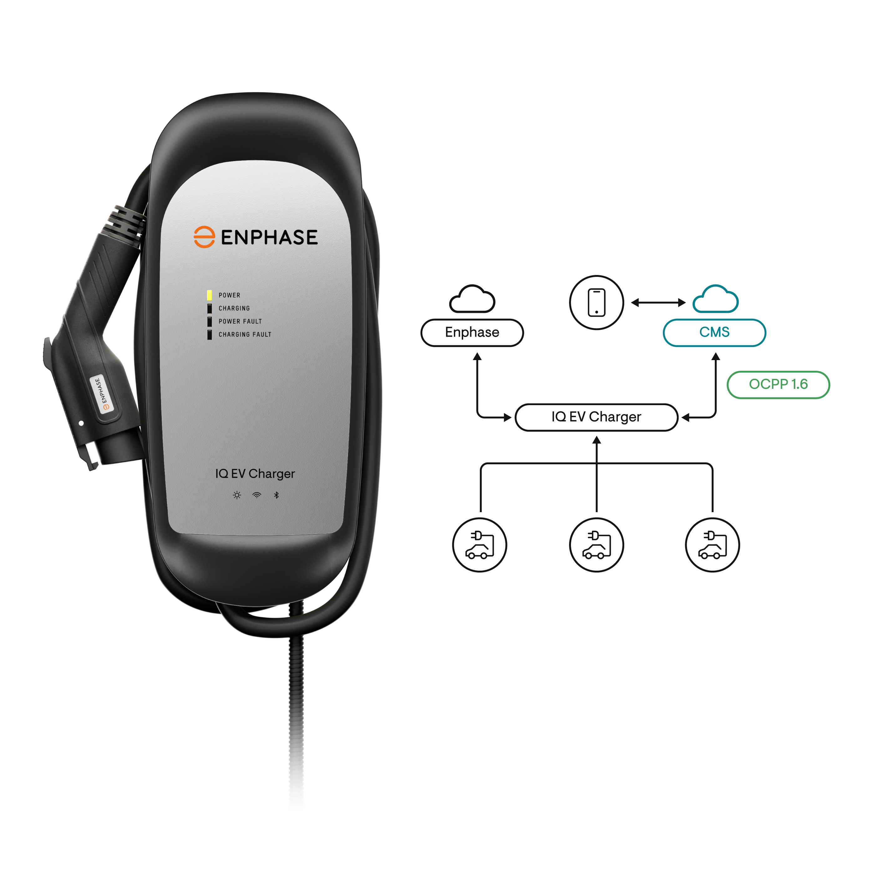 ENPHASE IQ EV Charger

- POWER
- CHARGING
- POWER FAULT
- CHARGING FAULT

CMS
OCPP 1.6
