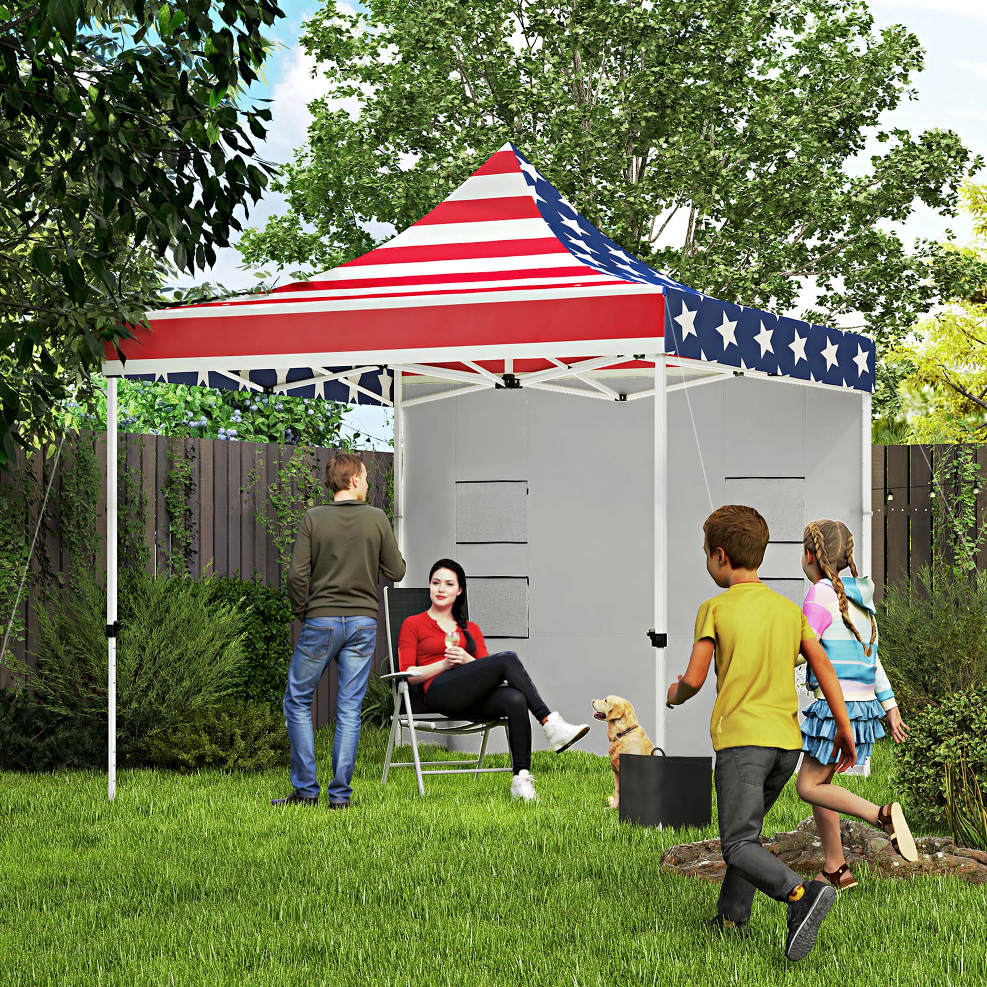 Alt View 1. Outsunny - 10' x 10' Heavy Duty Pop Up Canopy Tent with Sidewall, UPF50+ Instant Sun Shelter with Storage Pockets - American Flag Print.