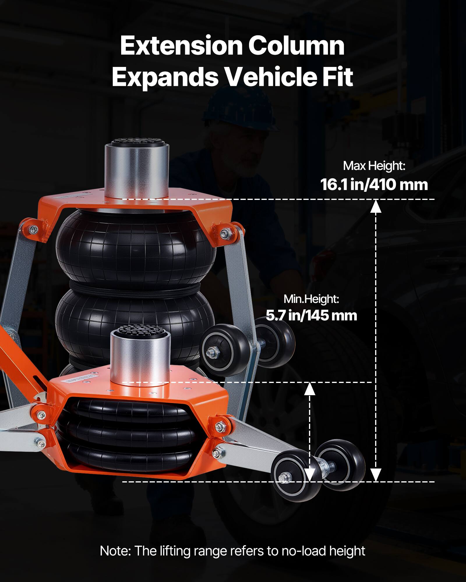 Extension Column Expands Vehicle Fit

Max Height: 16.1 in/410 mm

Min. Height: 5.7 in/145 mm

Note: The lifting range refers to no-load height