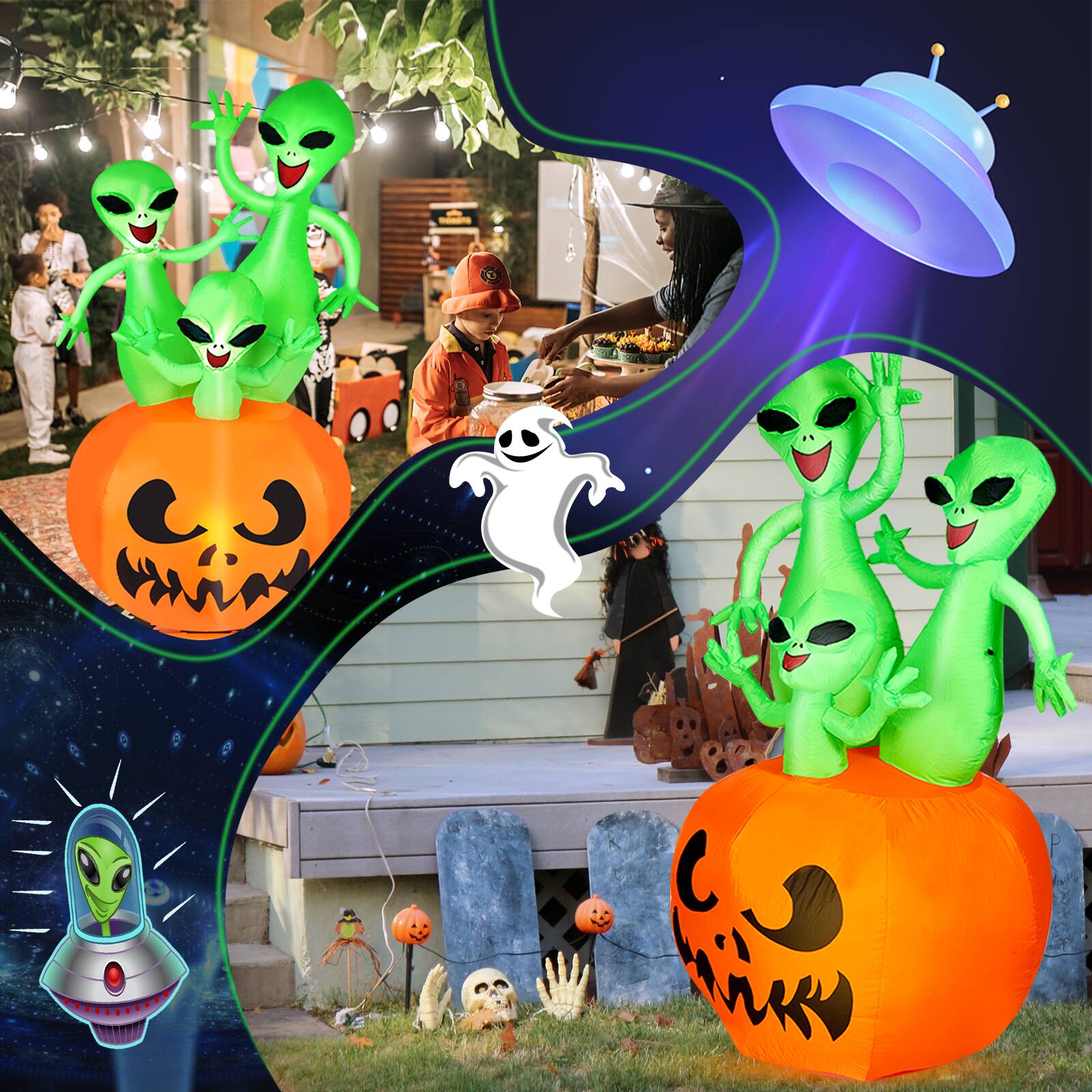 Alt View 6. CAMULAND - 6FT Halloween Inflatable Pumpkin Alien Blow Up Decor with Built-in LED Lights - Orange Green.