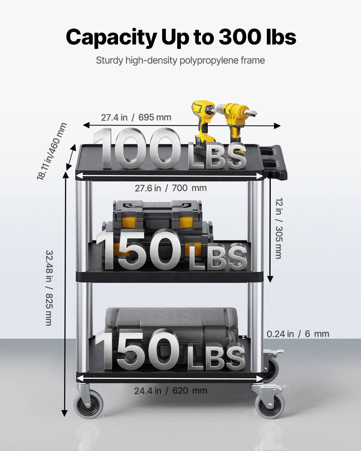 Capacity Up to 300 lbs, Sturdy high-density polypropylene frame, 27.4 in / 695 mm, 18.11 in / 460 mm, 100 LBS, 27.6 in / 700 mm, 12 in / 305 mm, 32.48 in / 825 mm, 0.24 in / 6 mm, 150 LBS, 24.4 in / 620 mm, 150 LBS.