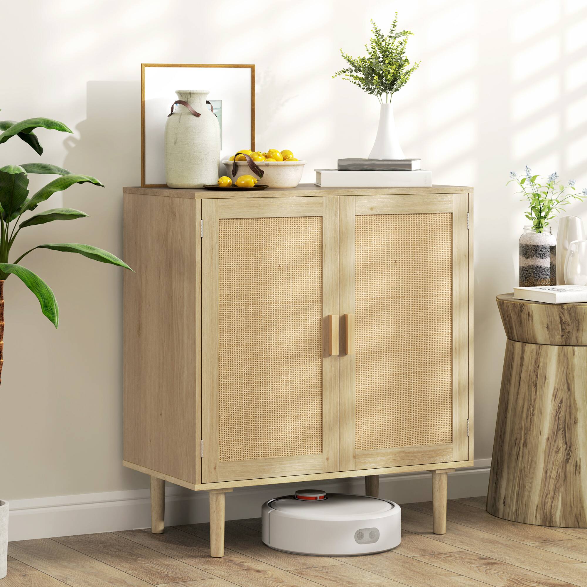 Alt View 1. Homcom - Sideboard Buffet Cabinet, 32" Boho Buffet Table, Rattan Coffee Bar Cabinet with 2 Doors and Shelves for Kitchen - Natural Wood.